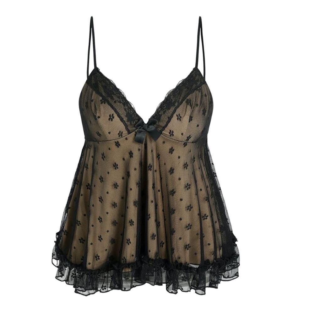 NWT Sexy Floral Lace V Neck Ruffle Cami Stretch Top Adjustable Strap M Black Tan